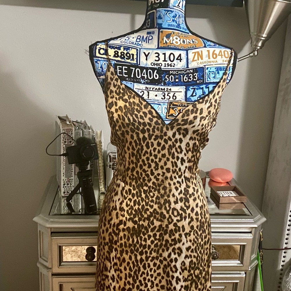 Express animal print calf length silk dress